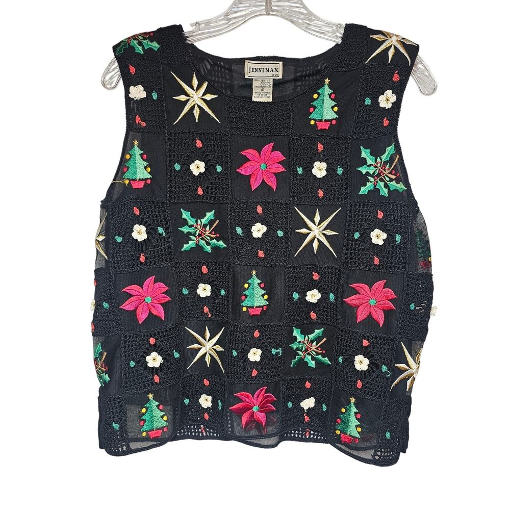 Jenni Max NYC Vintage Christmas Vest Silk Blend Crochet and Embroidery Size L